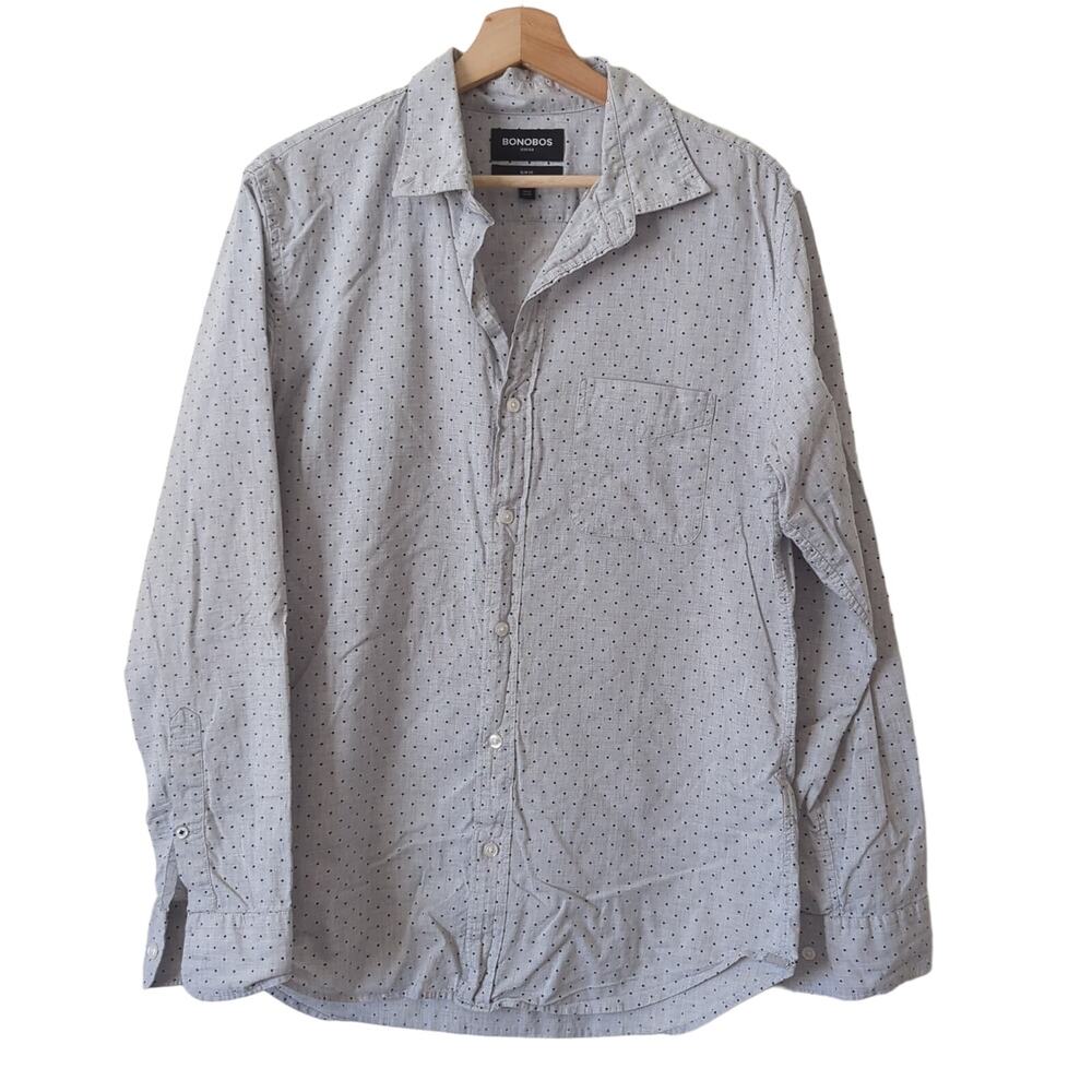 Bonobos Stretch Sim Fit Medium Men's Long Sleeve Button Up‎ Shirt Gray Blue Dots